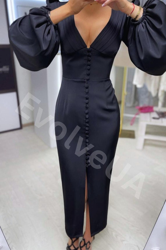 Black Satin Midi Bodycon Dress With Front Buttons and Wide Bishop Sleeves Silk Satin Black Midi Dress Wedding Guest Dress Etsy UK