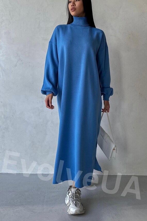 Blue Wool Knit Sweater Dress, Warm Maxi Dress