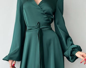 Emerald Green Silk Satin Wrap Maxi Dress with Long Bishop Sleeves