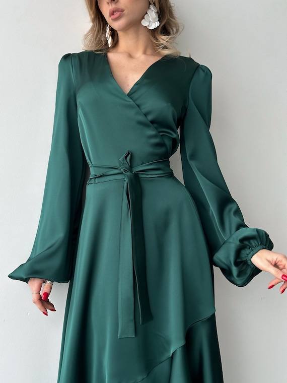 Emerald Green Silk Satin Wrap Maxi Dress With Long Bishop Sleeves