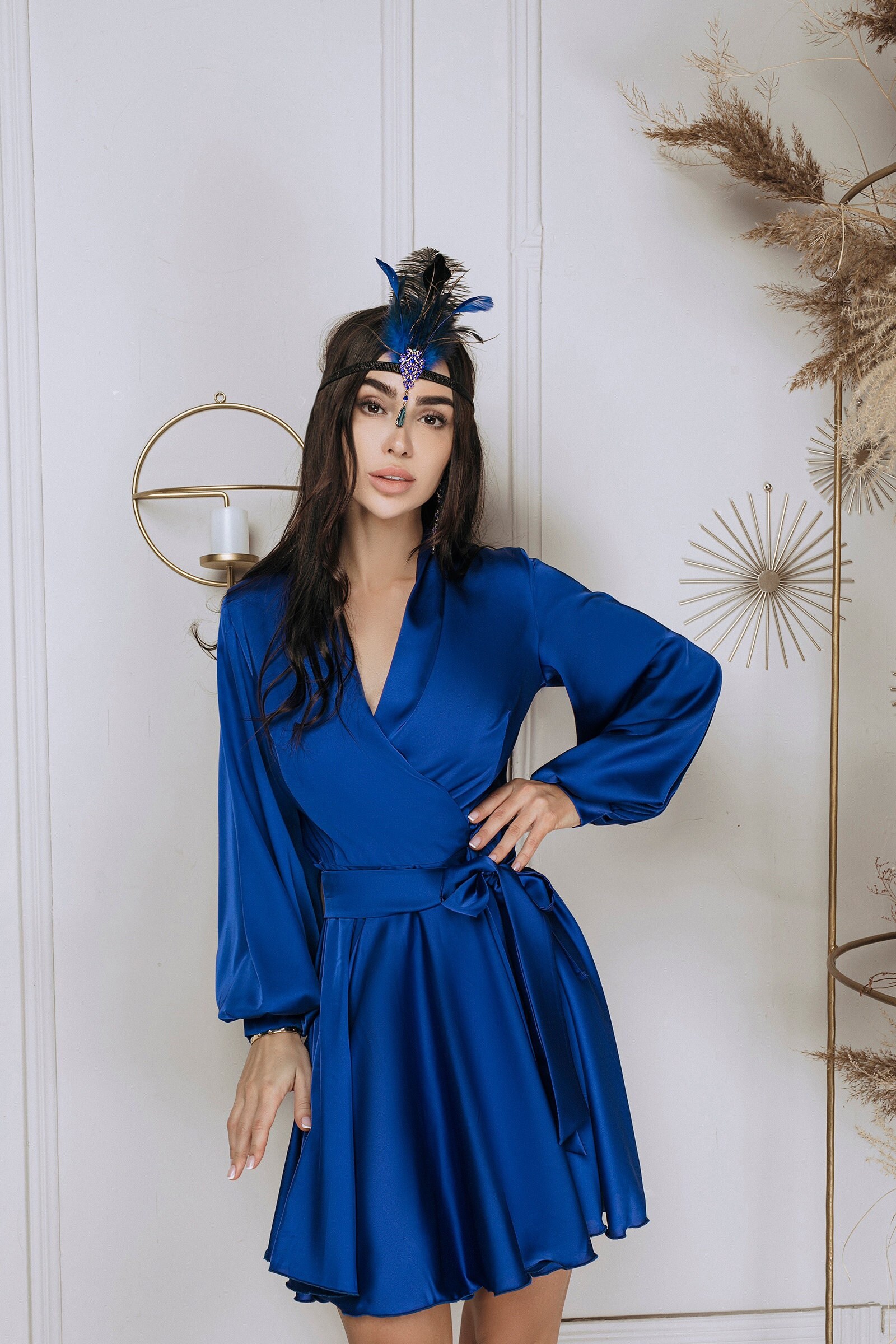 electric blue wrap dress R & M Richards Women's Long Ity Wrap Dress, Blue, 18 W