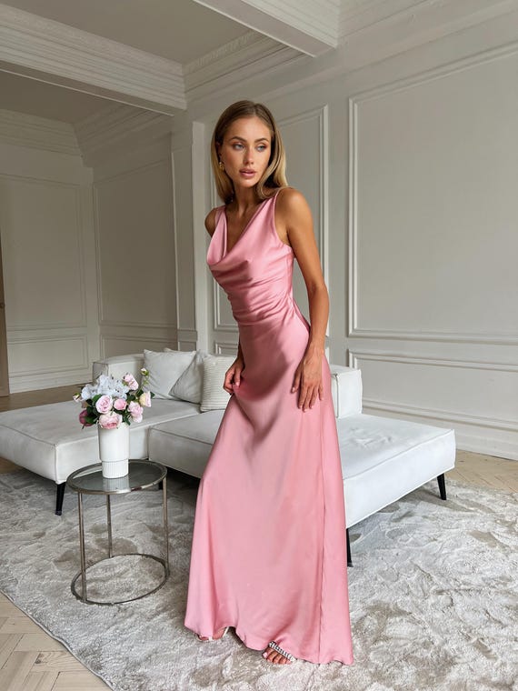 Dusty Pink Silk Maxi Cowl Neck Dress, Silk Women's Dress for