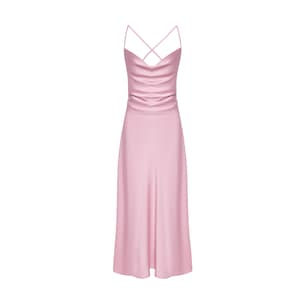 Vestido lencero de seda rosa empolvado con espalda anudada, elegante vestido midi con corte al bies para una cita nocturna, una fiesta de verano o una ocasión especial.