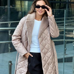 Beige Wrap Midi Puffer Coat for Women with Fur Collar, Warm Winter Coat with Belt for Women, Winter Outerwear Womens