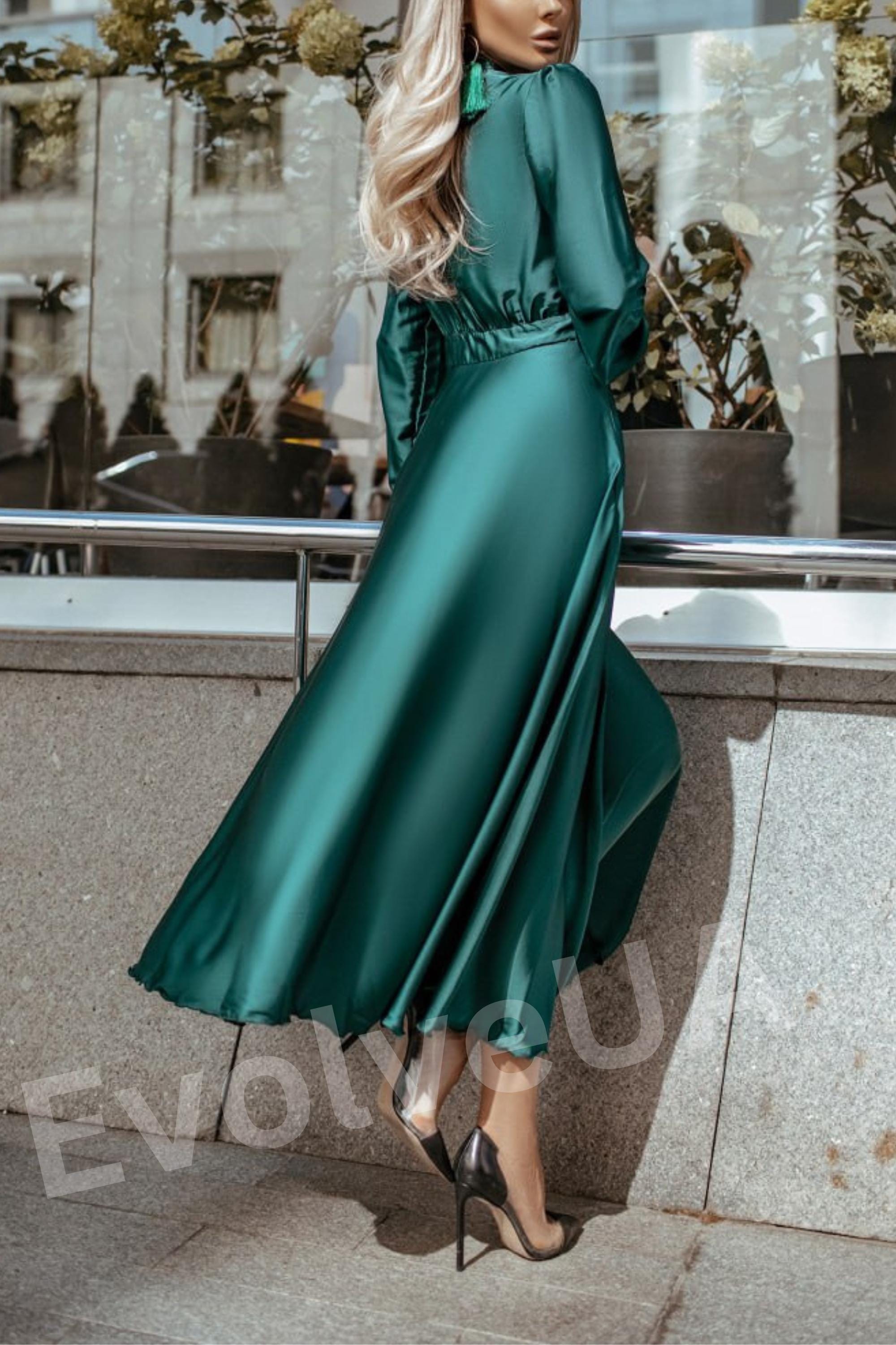 Formal Cocktail Womens Dresses Emerald Green Silk Midi Dress Emerald Green  Silk Midi Dress, Long Sleeves