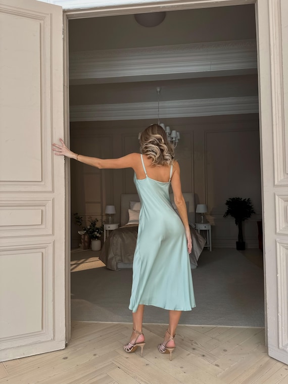 light green satin midi dress Light Green Satin Mermaid Midi Dress