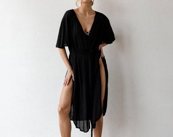 Robe tunique noire Robe de plage de style méditerranéen, robe tunique portefeuille avec fentes latérales hautes, robe tunique portefeuille noire pour femme