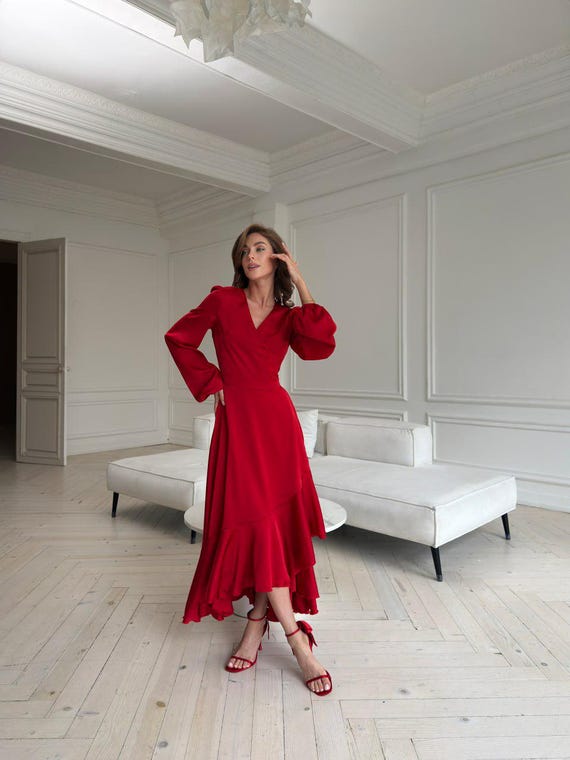 red satin wrap midi dress Red Silk Satin Wrap Midi Dress With Long Bishop Sleeves