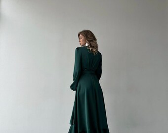 Emerald Green Silk True Wrap Maxi Dress with Long Bishop Sleeves Emerald Silk Wrap Wedding Guest Gown, Kentucky Derby Dress