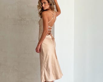 knee length dresses for ladies Dani Slip Dress ~ Champagne Luxe Satin S main image 1