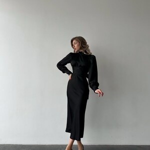 Black Silk Satin Open Back Dress with Long Bishop Sleeves, Turtleneck and back bow tie image 5