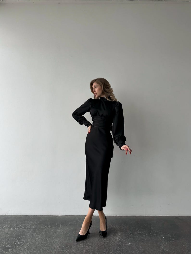 Black Silk Satin Open Back Dress with Long Bishop Sleeves, Turtleneck and back bow tie image 5