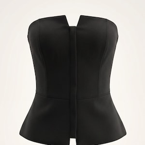 Black Strapless Corset Top with Structured Boning and Notched Neckline