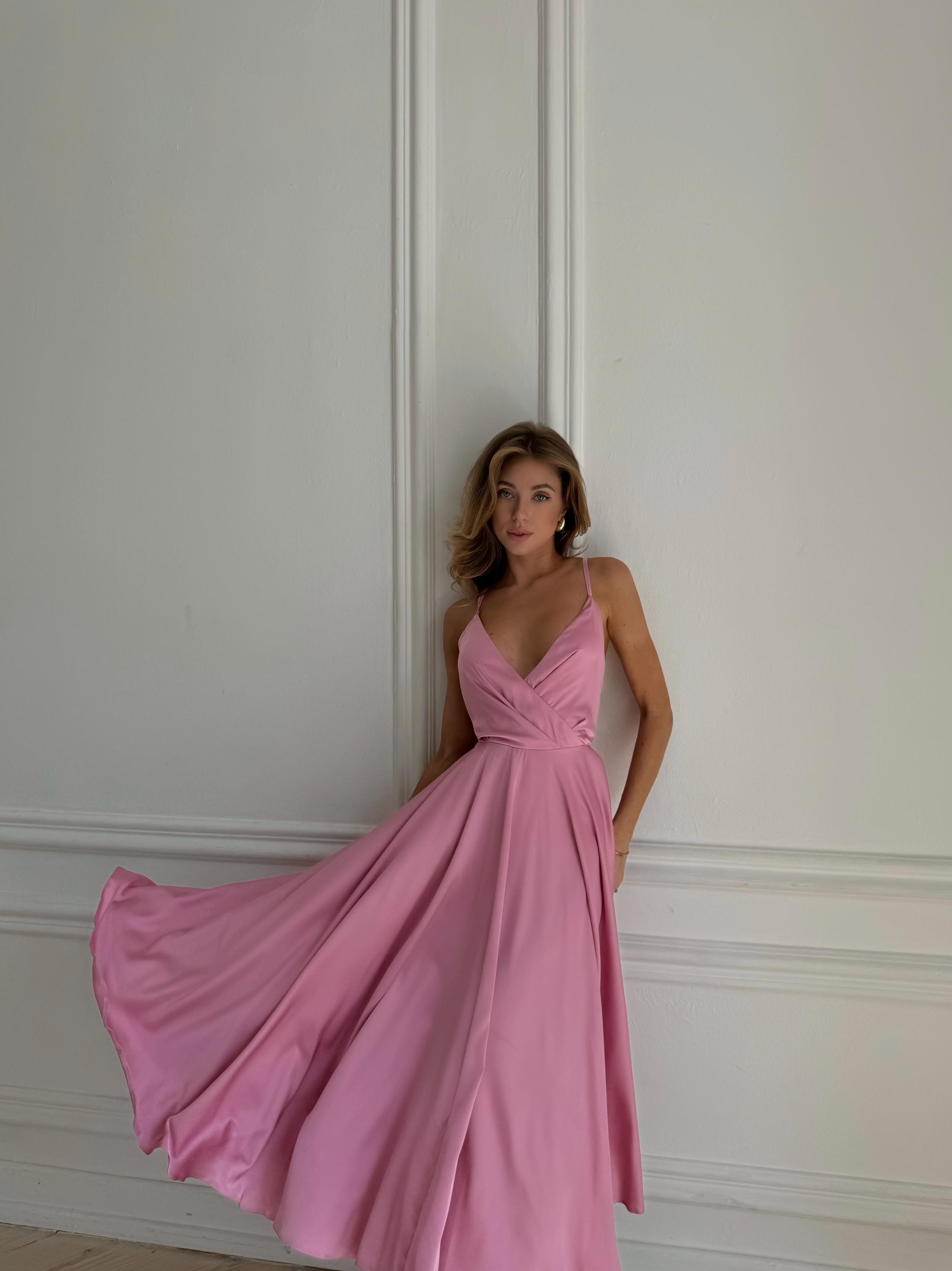 Dark Pink Silk Midi sleeveless Dress, Open Back with bow tie and V-neck