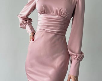 Dusty Pink Silk Open Back Dress with Long Sleeves, Dusty Pink Silk Midi Dress with Bishop Sleeves, Silk Turtleneck Dress with Open Back