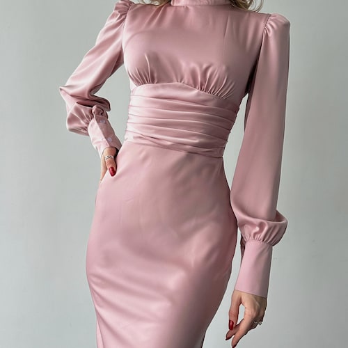 Dusty Pink Silk Open Back Dress with Long Sleeves, Dusty Pink Silk Midi Dress with Bishop Sleeves, Silk Turtleneck Dress with Open Back