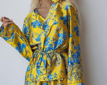 Yellow Floral Silk Wrap Blazer Suit with Wide Leg Pants