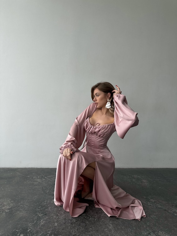 flared sleeve satin dress Flared-sleeve satin dress