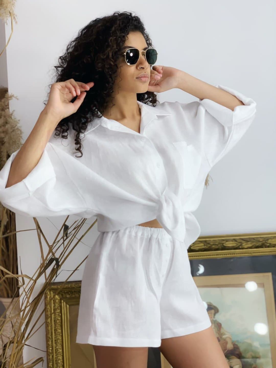 Linen Twopiece Set With Highwaisted Shorts and Shirt, Loose Shirt