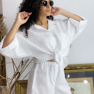 Linen Two-piece Set with High-Waisted Shorts and Shirt, Loose Shirt & Shorts Set for Women, Summer Suit for Women for Everyday and Holidays