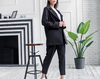 Black Women’s Pants and Blazer Suit Set, Black Trouser Suit Set for Women, Black Blazer Suit for Women, Black Pantsuit Womens