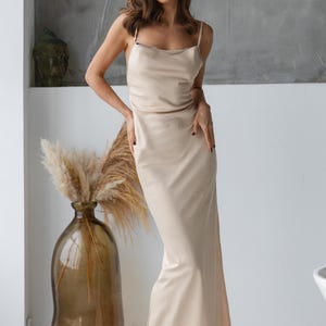 champagne strappy satin cowl midi dress Velvi - Aspen Midi Dress - Champagne Satin Slip Dress