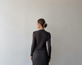 Dark Grey Openwork Knit Midi Dress with Cutout Bodice and Pleated Skirt Dark Grey Openwork Knit Midi Dress with Cutout Bodice and Pleated Skirt