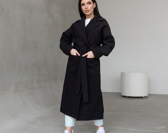 Black wool wrap coat women, Fall Womens Wool Coat with belt, Wrap Oversized Wool Coat, Black Minimalist Coat for Women, Wool Oversized Coat