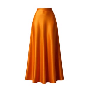 Orange Silk Satin Maxi Skirt, High Waist Flowing A-Line Skirt for Wedding Guest, Summer Parties, Resort Evenings, Elegant Vacation Look