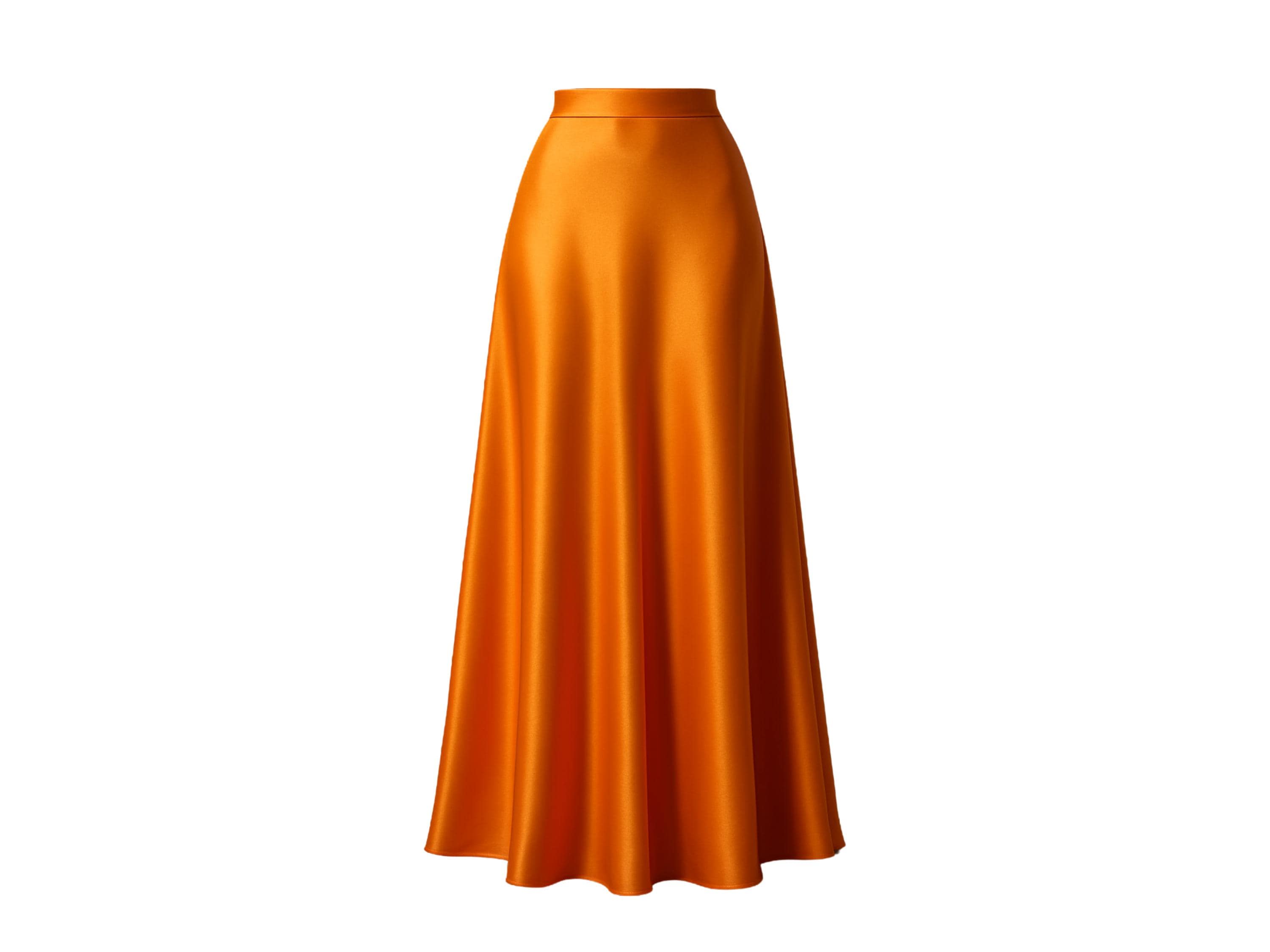 Orange Silk Satin Maxi Skirt, High Waist Flowing A-Line Skirt for Wedding Guest, Summer Parties, Resort Evenings, Elegant Vacation Look
