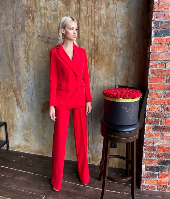 Red Formal Pantsuit for Women, Red Pants Suit for Office, Business
