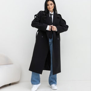 Black Wool Wrap coat for Women, Wrap Wool Coat for Spring and Fall, Elegant Wool Coat, Black Minimalist Coat for Women
