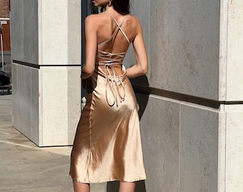Gold Silk Cowl Neck Midi with Open Back and Adjustable Straps, Bridesmaid Slip for Women
