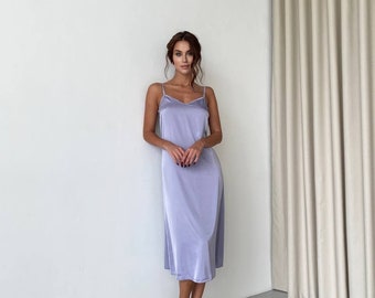 Silver Silk Slip Dress with Deep-V neck, Midi Slip Dress for Wedding, Wedding guest dress, Gray Silk Slip dress for Women