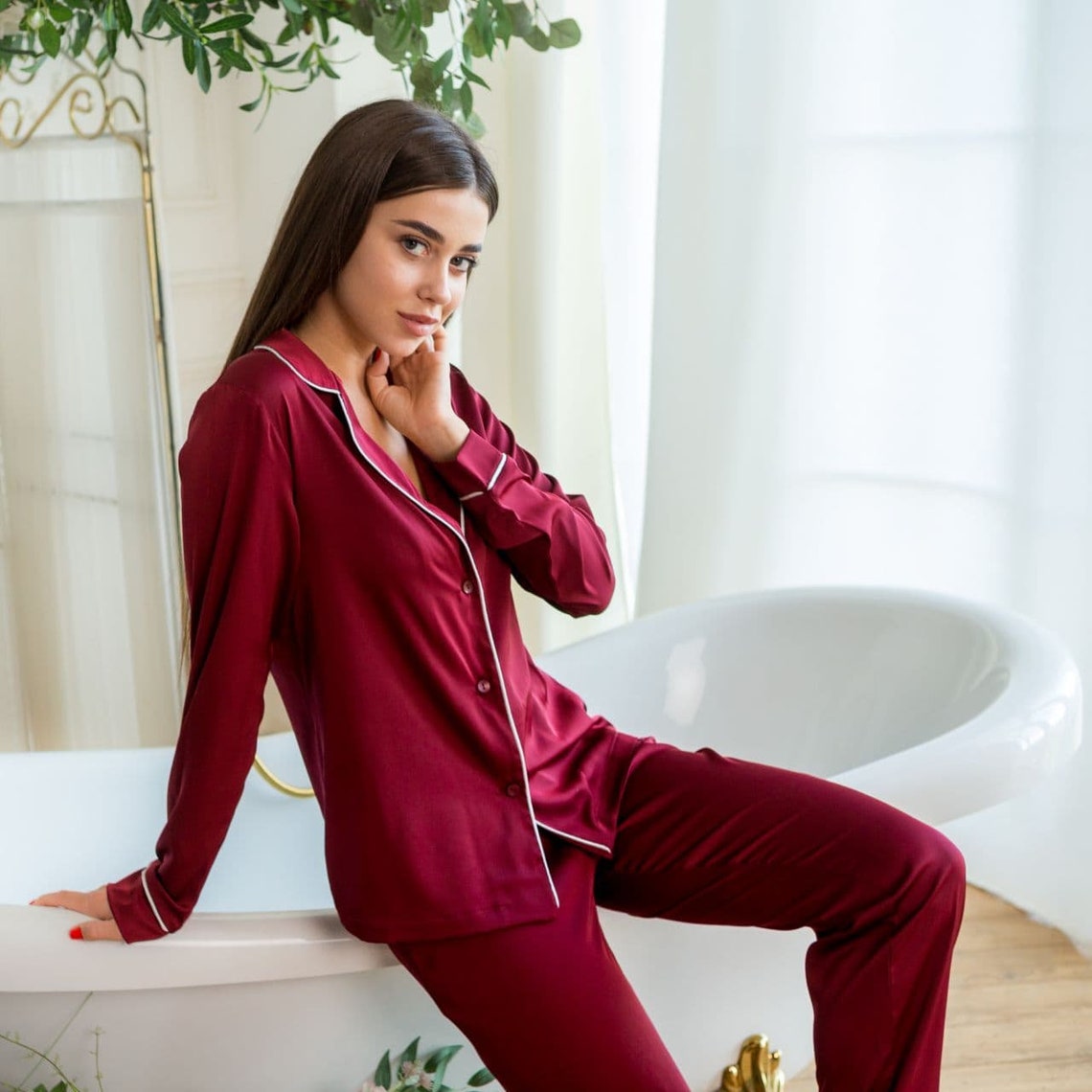 Burgundy Pajamas With White Piping Silk Pajama With Long | Etsy