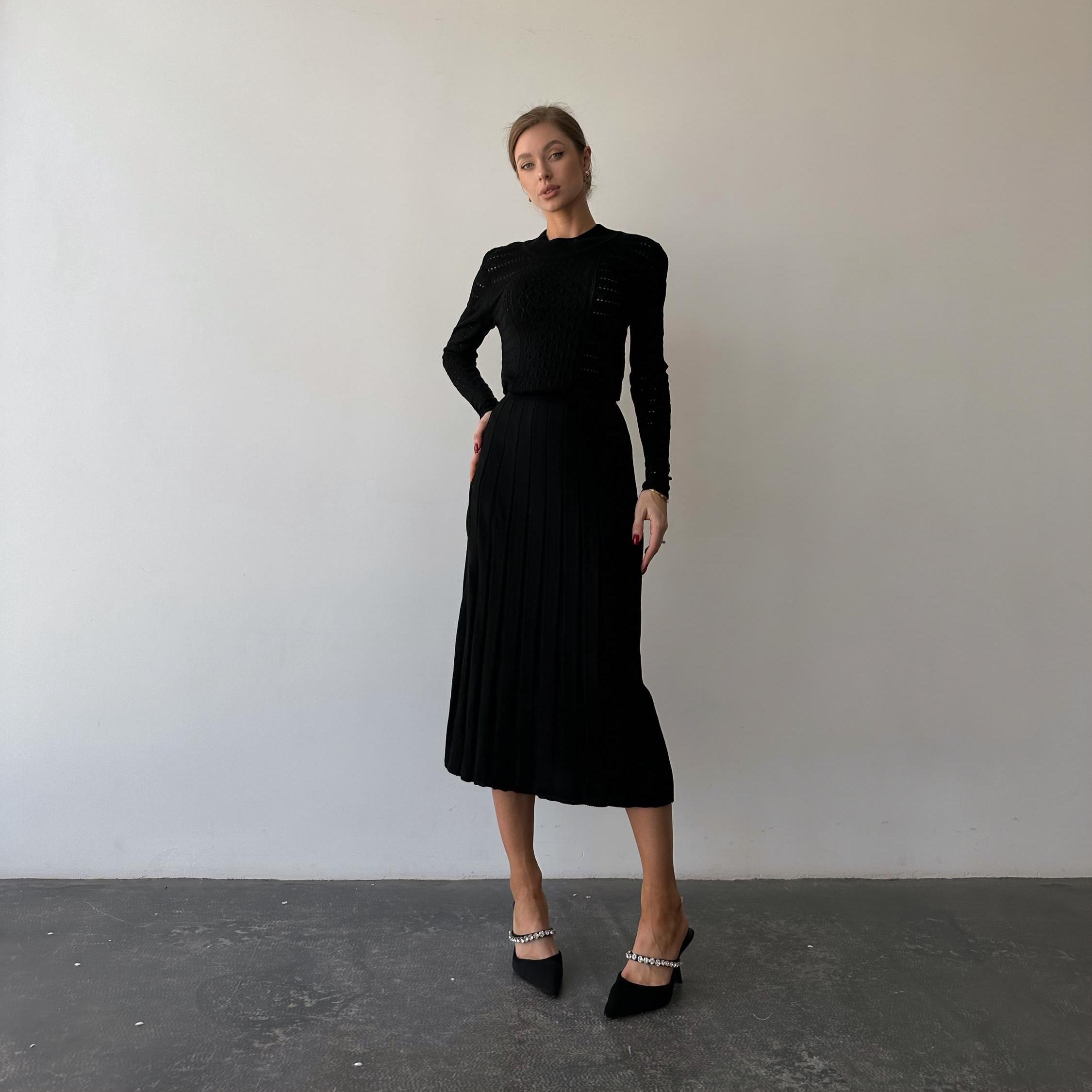 Pleated Dress Black Petite Dress For Funeral Black Midi Hollow Out Dress  With Pleated Skirt Imitation