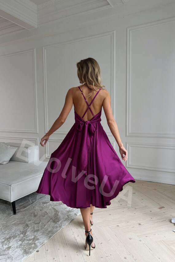 Purple Silk Midi Dress With Open Back Silk Bridesmaid Midi Dress Maid of Honor Silk Dress Silk V neck Midi Dress for Women Etsy Canada