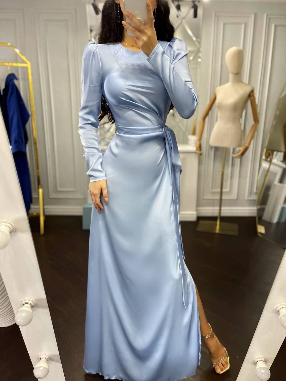 light blue satin dress