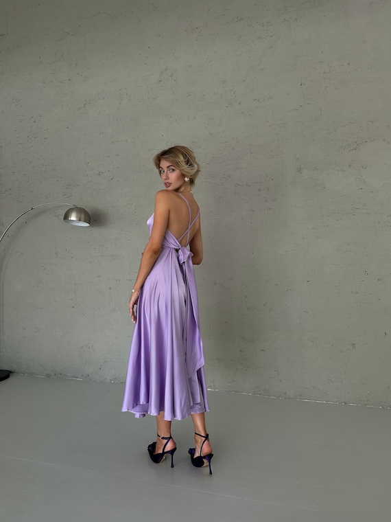 Lavender Silk Midi Sleeveless Dress Open Back for Special Occasions, Bridesmaids and Parties