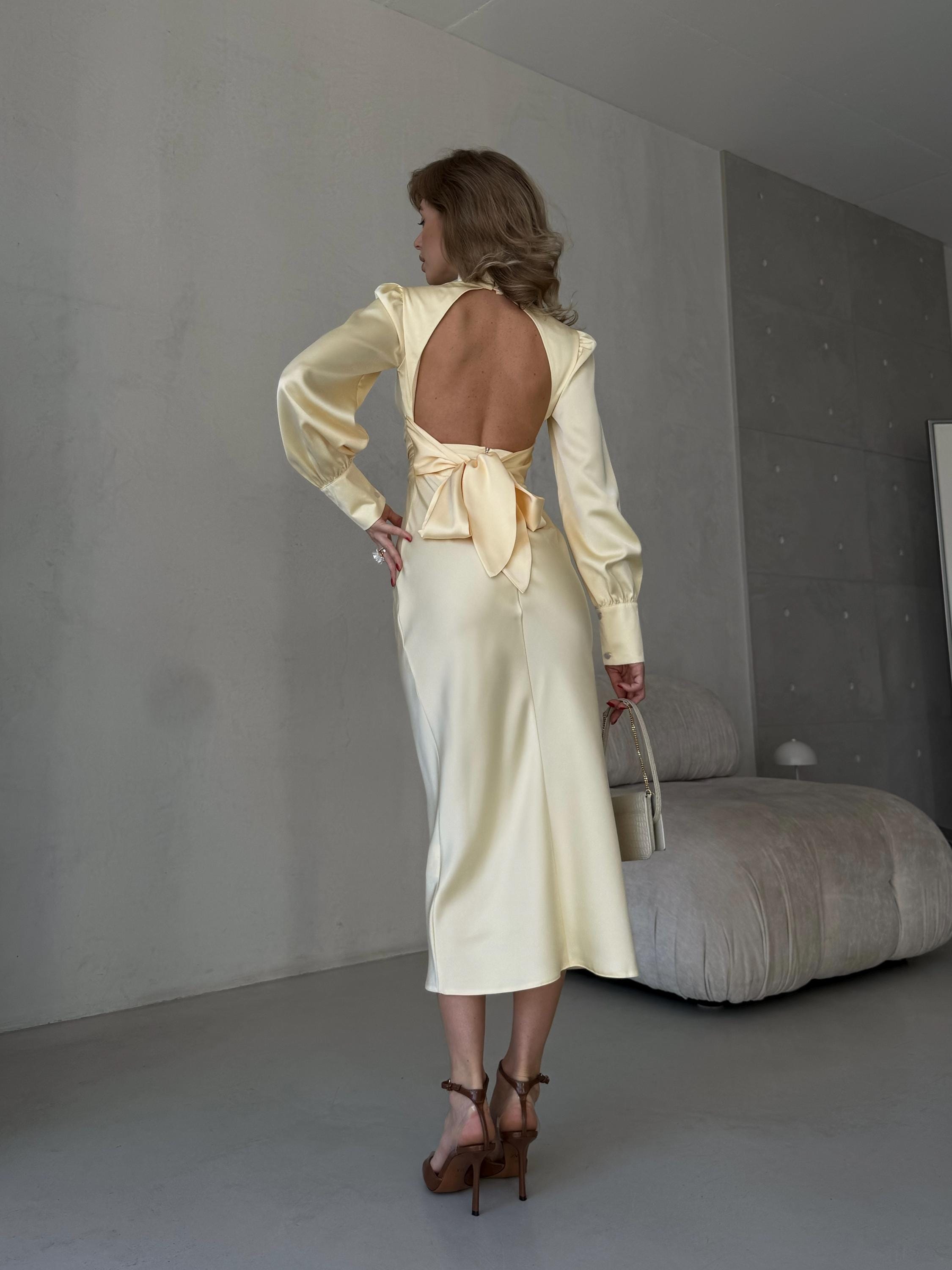 Butter Yellow Satin Open Back Dress With Long Sleeves, Turtleneck and Bow  Tie for Wedding Guest, Prom Look