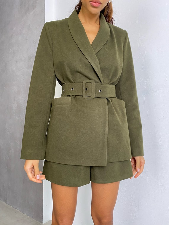 Shorts and Blazer Suit Set for Women, Khaki Green Shorts Suit With Belted  Blazer for Women, Women's Blazer Suit Set Forest Green - Etsy