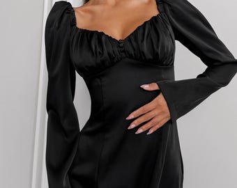Black satin Midi Dress with Long sleeves and Sweetheart neckline