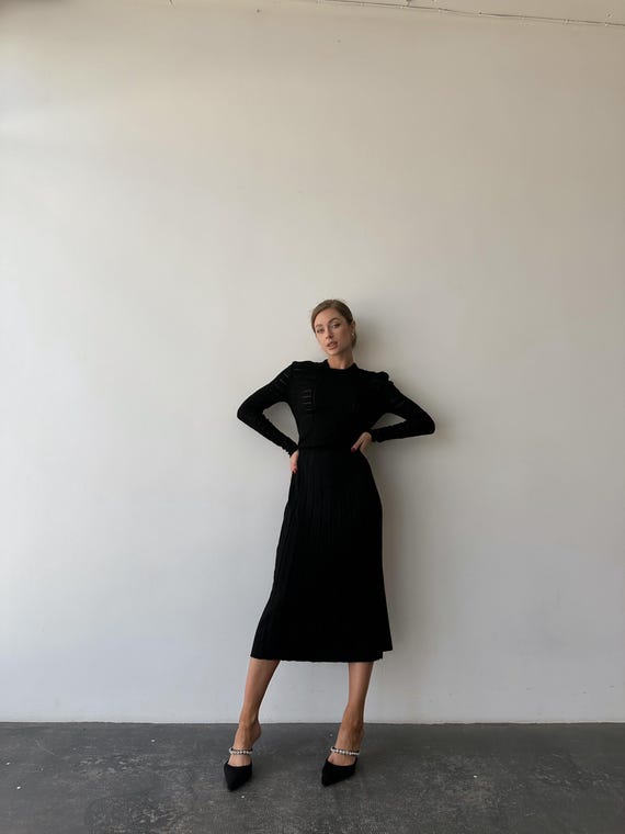 black knit midi dress with sleeves Mesh for Casual and Formal Looks live:4-10-26