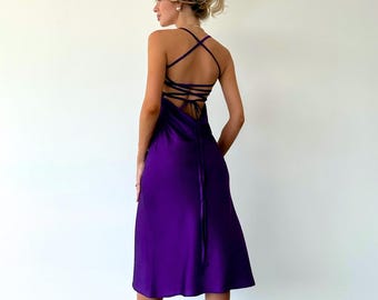 Purple Silk Slip Midi Dress with Cowl Neck and Tied Open Back