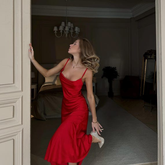 modern romance satin cowl neck knee length dress in red Silk Slip Maxi with and Adjustable Straps Featured
