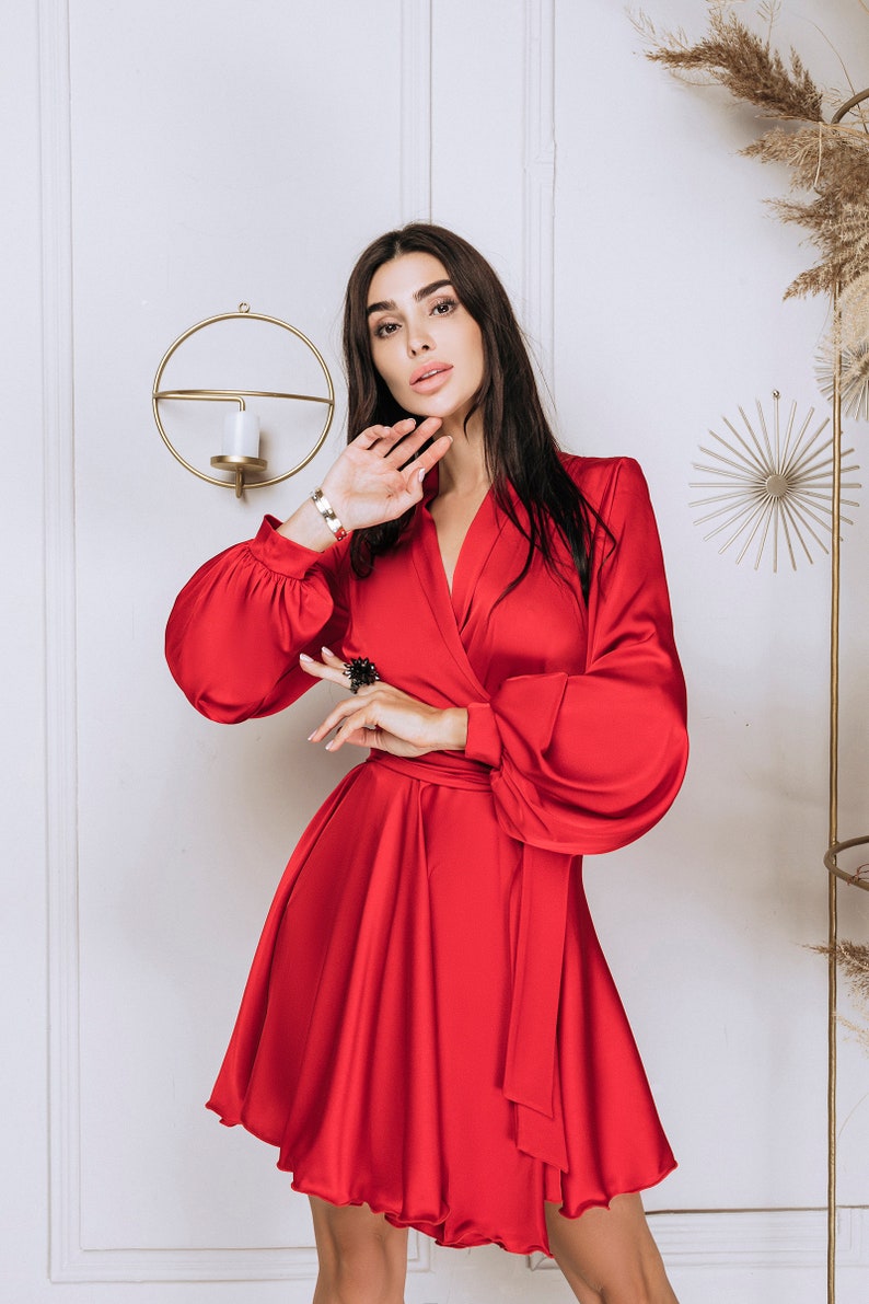 Red Silk Wrap Mini Dress, Special Occasion Silk Dress Wedding Guest Silk Dress red Silk Dress with Long Sleeves, Red mini dress with sleeves image 1