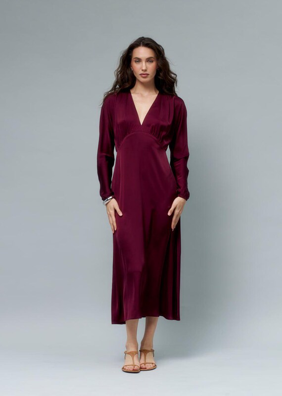 Burgundy Satin Midi Dress, Long Sleeve V-neck Evening Gown - Etsy