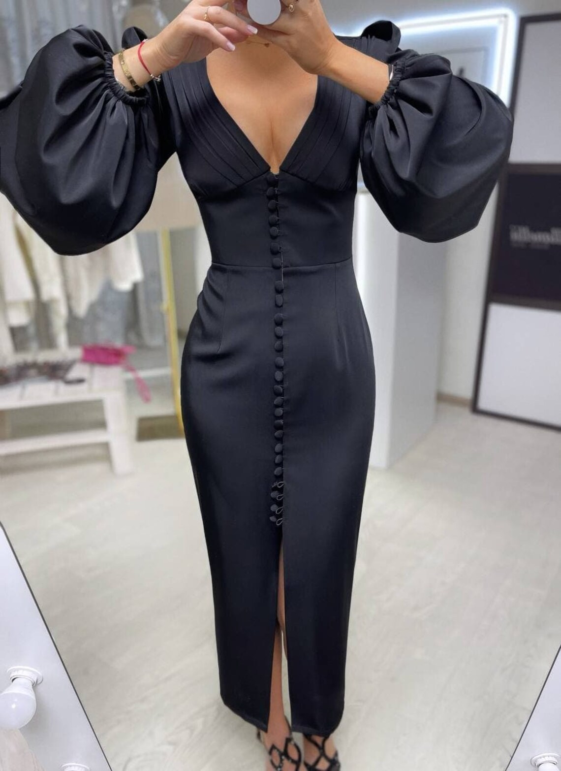 Women’s Black Satin Ruched Midi Dress – Sexy Bodycon Evening Gown with Plunging Neckline main image 1
