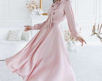 Dusty Pink Silk Midi Dress, Silk Modest Dress for Women, Light Pink Silk Long Dress with Long Sleeves, Modest Engagement Dress