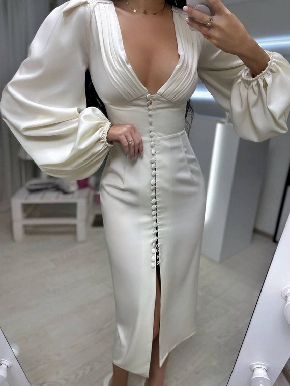 White Satin V Neck Midi Dress – Styched Fashion
